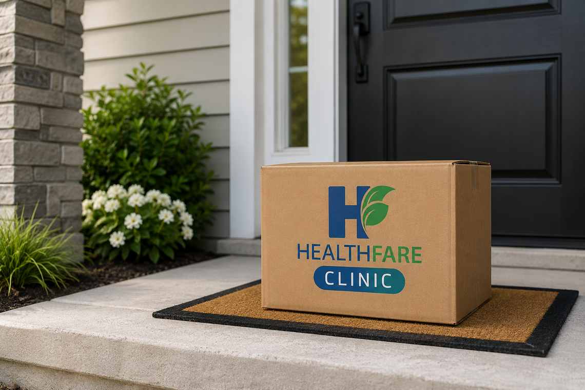 Caja de HealthFare Clinic entregada en la puerta